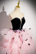 Black Velvet And Pink Tulle Strapless Ball Gown Pink Backless Ruffles Prom Dresses