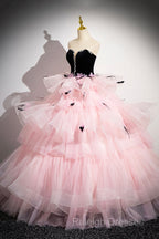 Black Velvet And Pink Tulle Strapless Ball Gown Pink Backless Ruffles Prom Dresses