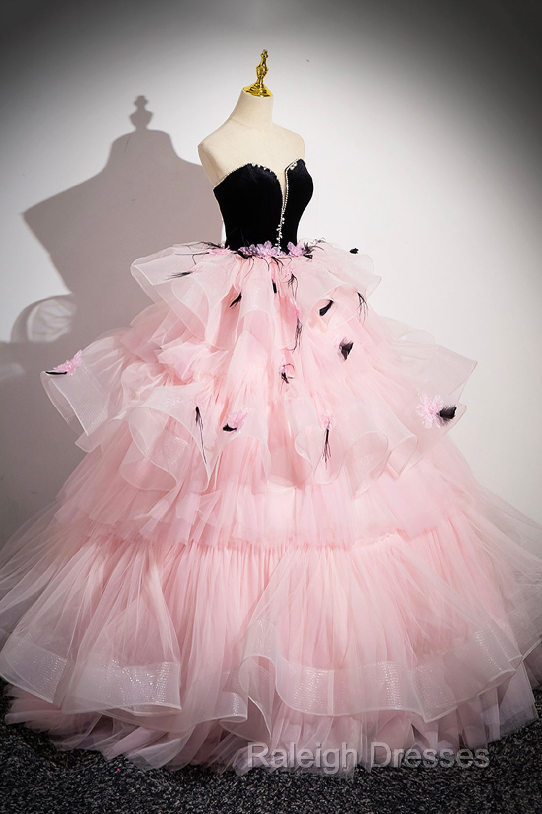 Black Velvet And Pink Tulle Strapless Ball Gown Pink Backless Ruffles Prom Dresses