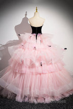 Black Velvet And Pink Tulle Strapless Ball Gown Pink Backless Ruffles Prom Dresses