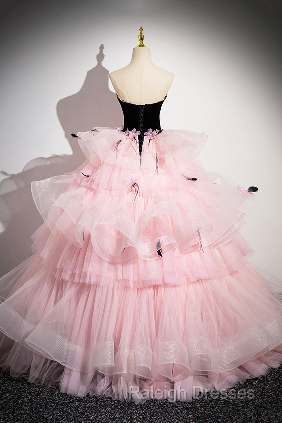 Black Velvet And Pink Tulle Strapless Ball Gown Pink Backless Ruffles Prom Dresses