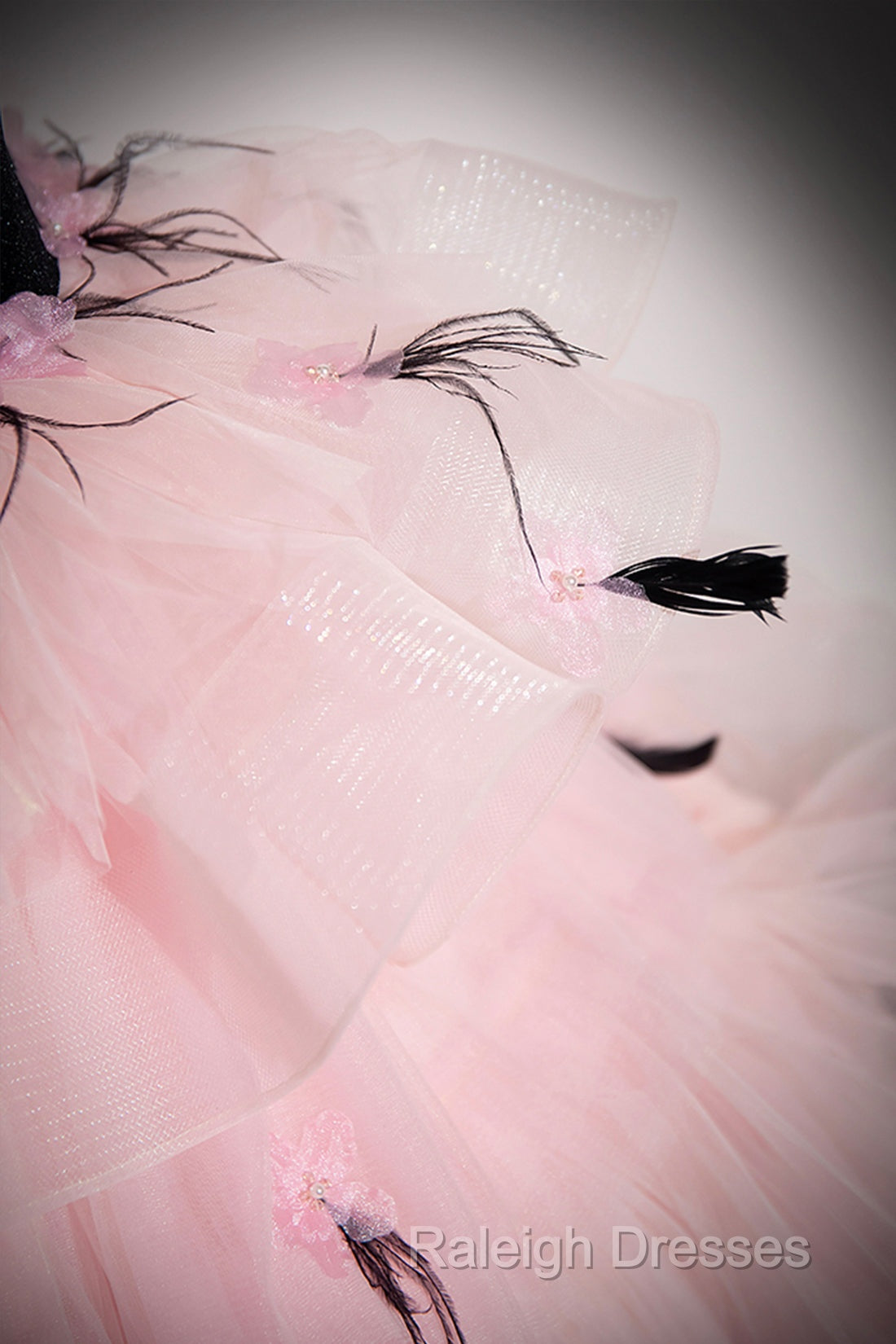 Black Velvet And Pink Tulle Strapless Ball Gown Pink Backless Ruffles Prom Dresses
