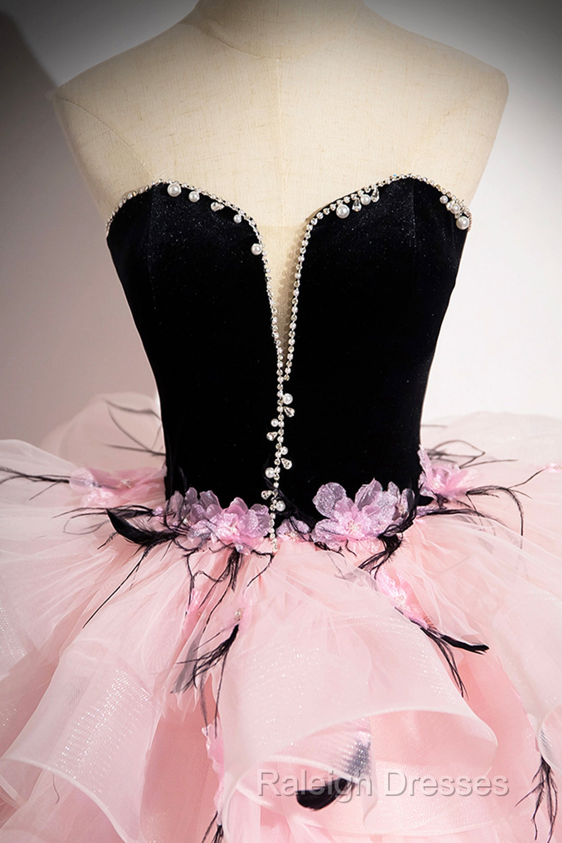 Black Velvet And Pink Tulle Strapless Ball Gown Pink Backless Ruffles Prom Dresses