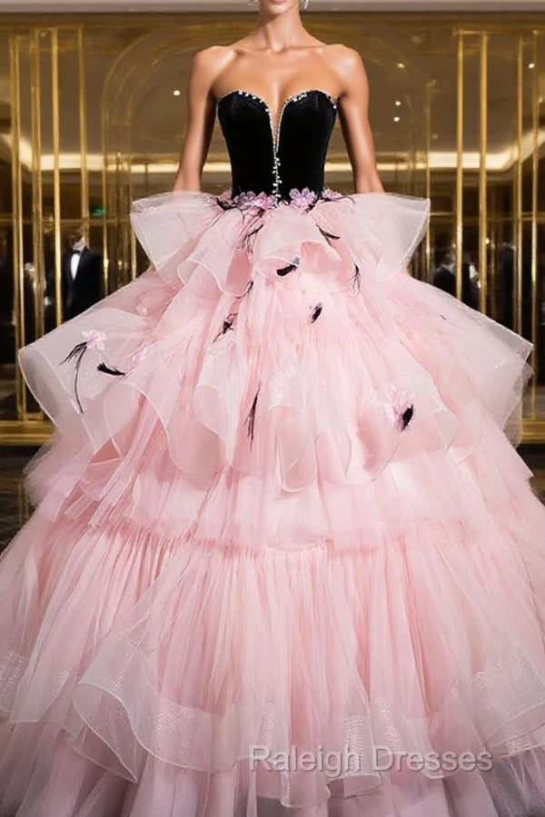 Black Velvet And Pink Tulle Strapless Ball Gown Pink Backless Ruffles Prom Dresses