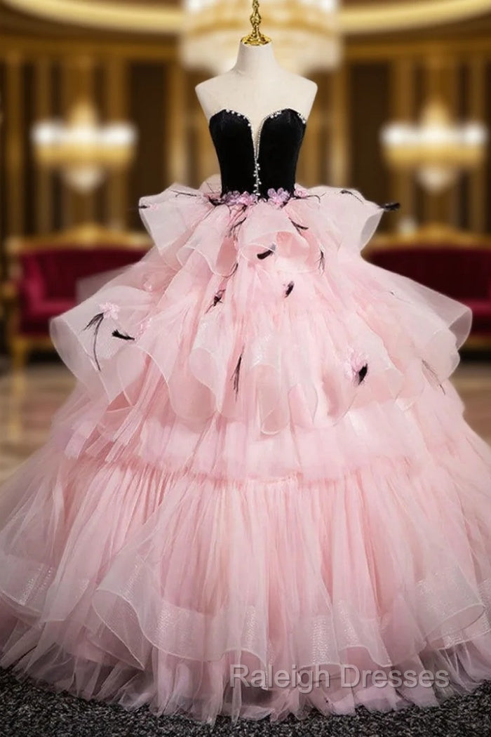 Black Velvet and Pink Tulle Strapless Prom Dress
