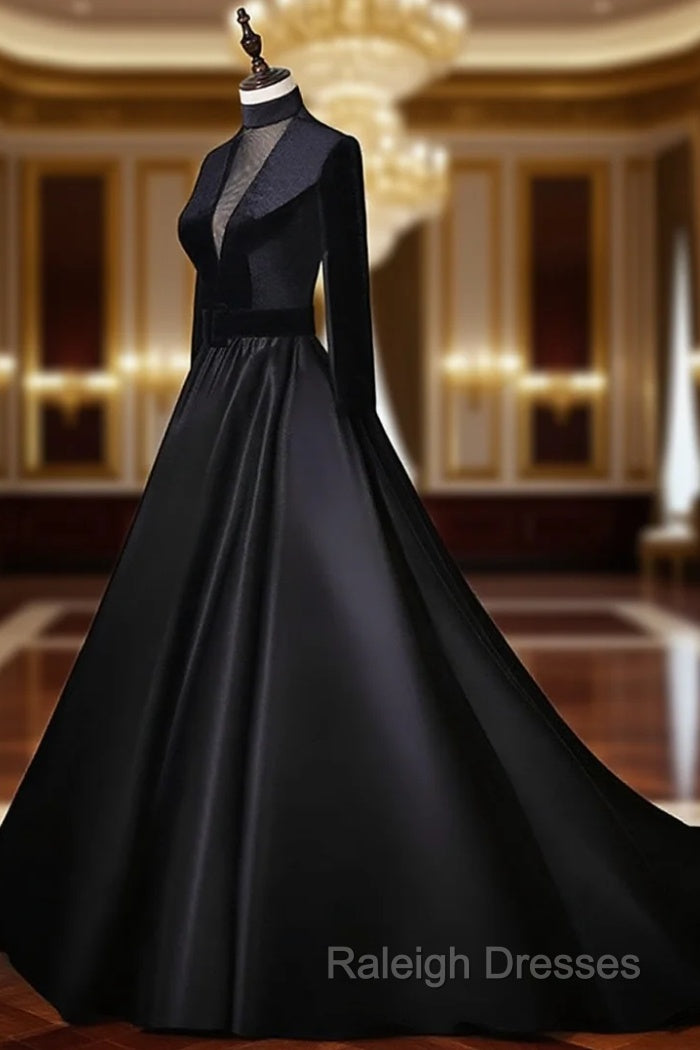 Black Velvet and Satin Long Sleeves See Through Back Formal Dress, Black Evening Dress Main image