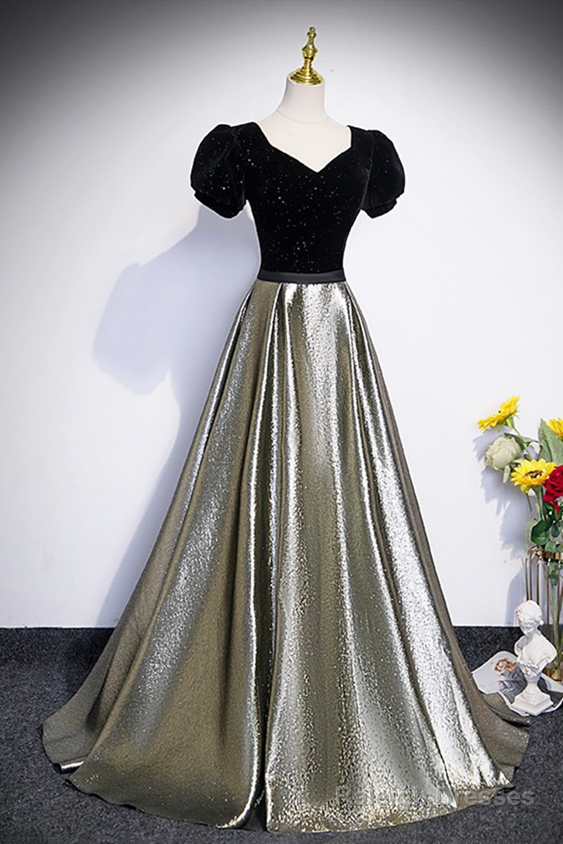 Black Velvet And Shiny Satin Long Prom Dress, Beautiful A-Line Evening Party Dress