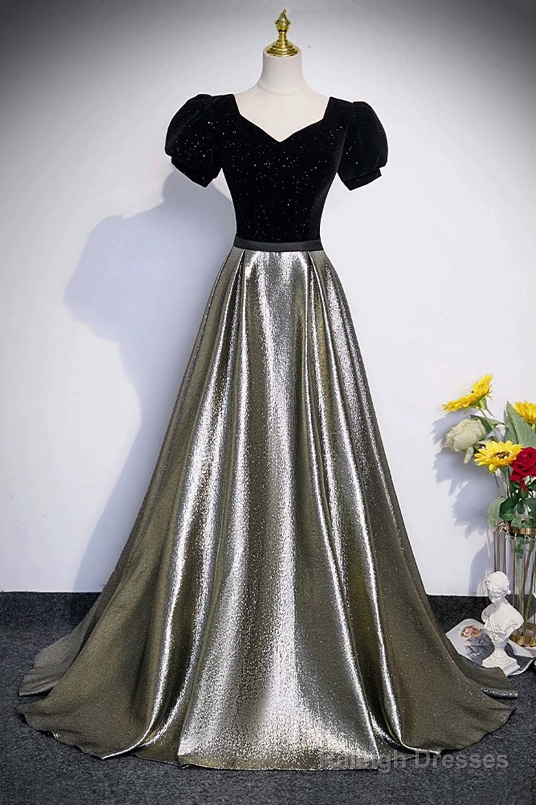 Black Velvet And Shiny Satin Long Prom Dress, Beautiful A-Line Evening Party Dress Main image