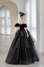 Black Velvet And Tulle Layers Long Formal Dress, Black Sweetheart Neck Evening Party Dress