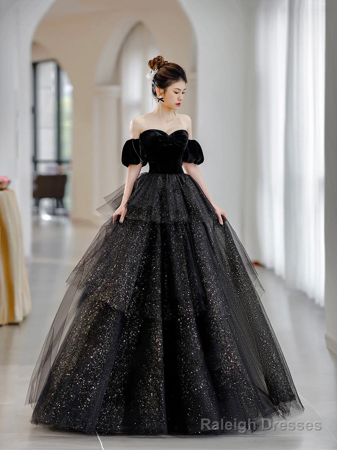 Black Velvet And Tulle Layers Long Formal Dress, Black Sweetheart Neck Evening Party Dress Main image