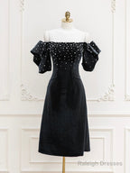 Black Velvet Beads Short Prom Dresses Black Prom Dresses