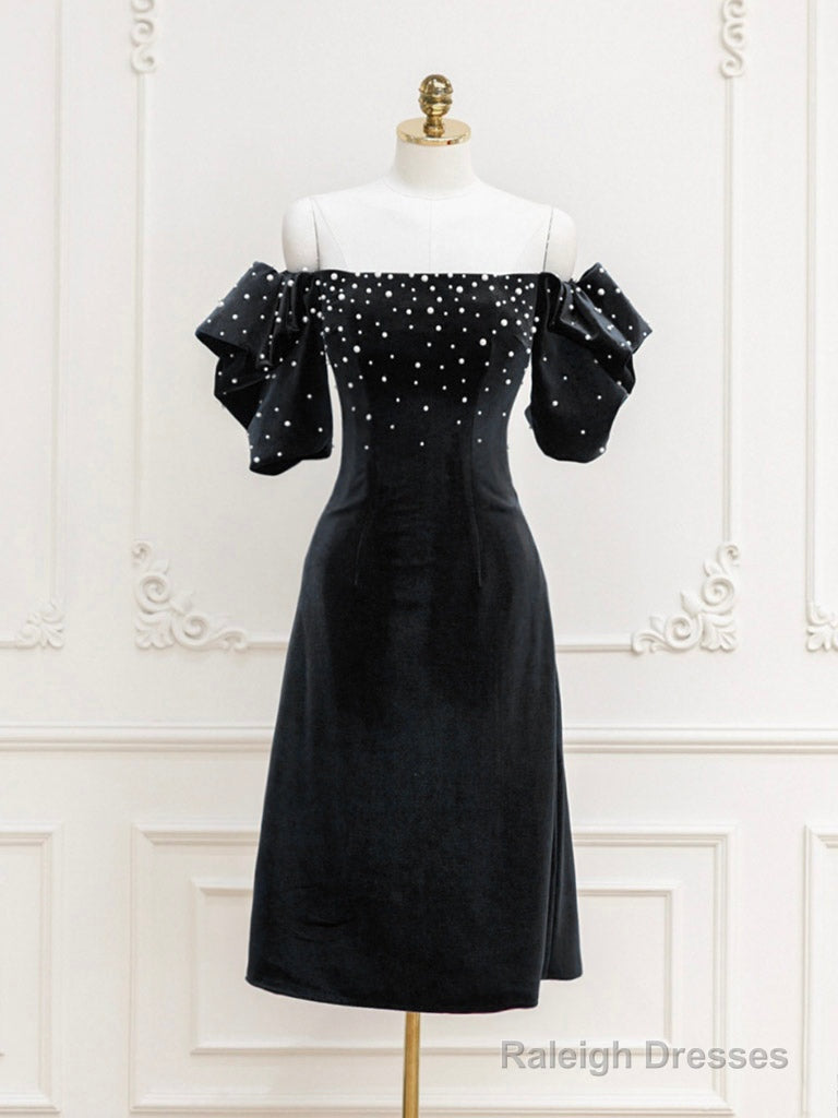 Black Velvet Beads Short Prom Dresses Black Prom Dresses