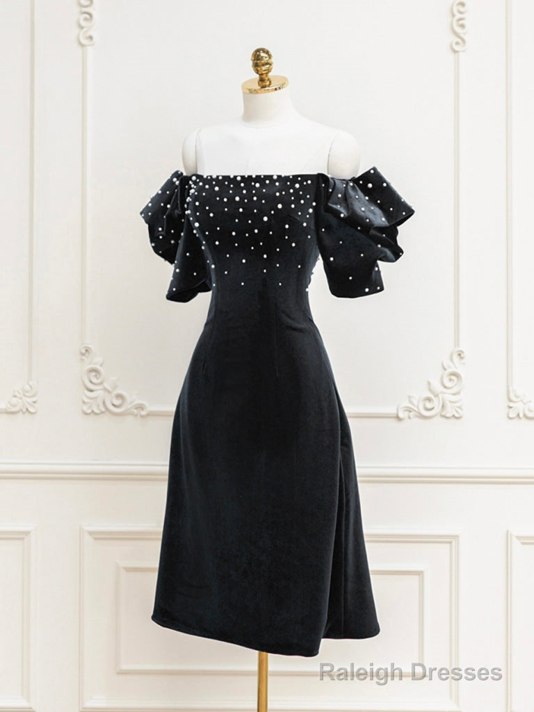 Black Velvet Beads Short Prom Dress, Black Evening Dress