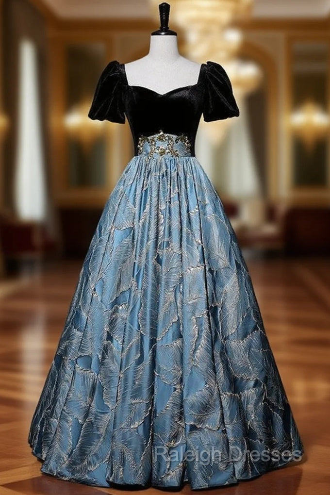 Black Velvet Blue Leaf Short Sleeve Prom Dress