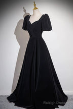 Black Velvet Floor Length Prom Dresses A-Line Short Sleeve Prom Dresses