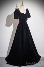 Black Velvet Floor Length Prom Dresses A-Line Short Sleeve Prom Dresses