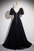 Black Velvet Floor Length Prom Dresses A-Line Short Sleeve Prom Dresses