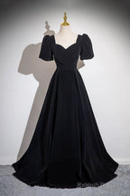 Black Velvet Floor Length Prom Dresses A-Line Short Sleeve Prom Dresses