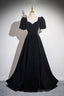 Black Velvet Floor Length Prom Dresses A-Line Short Sleeve Prom Dresses