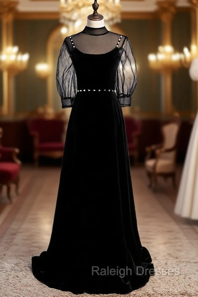 Black Velvet High Short Sleeve Backless Beading Prom Dress Main image
