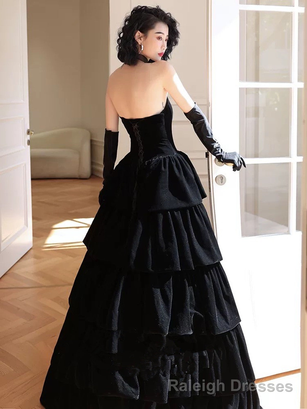 Black Velvet Layers Strapless Long A-line Prom Dress, Black Velvet Formal Dress