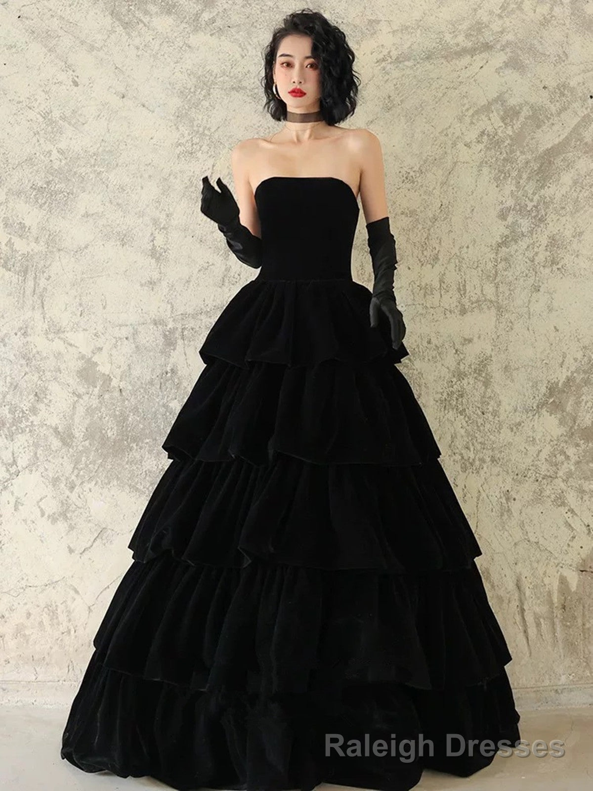 Black Velvet Layers Strapless Long A-line Prom Dress, Black Velvet Formal Dress Main image