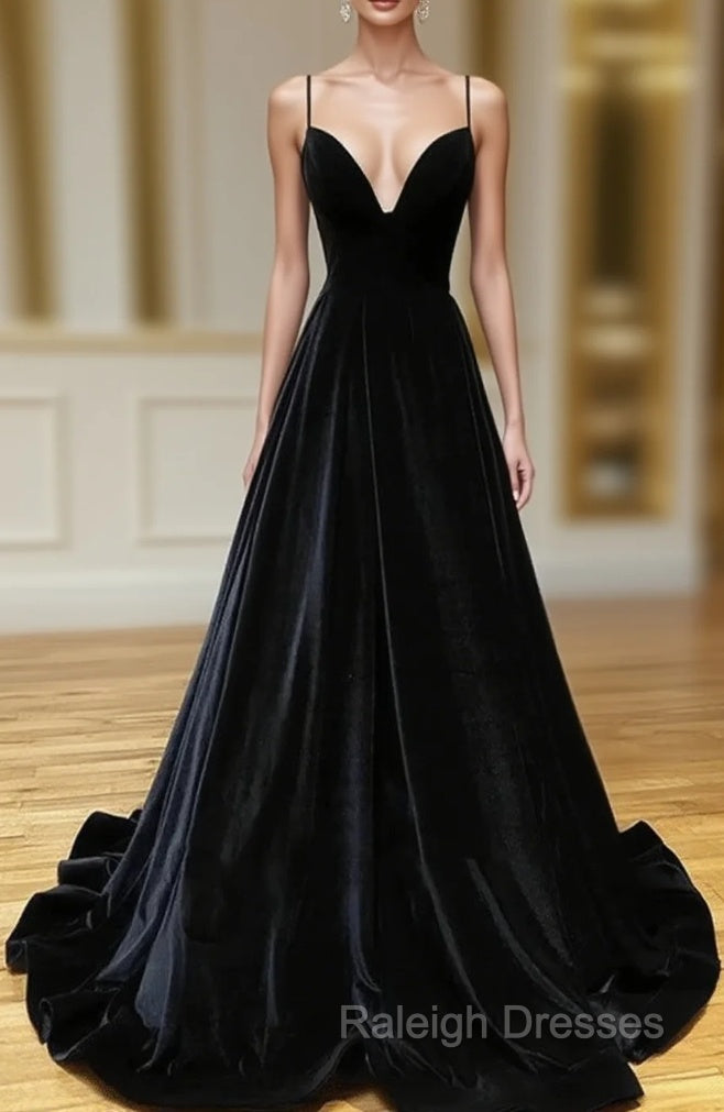 Black Velvet Long A-line Low Back Prom Dress Black V Neck Wedding Party Dress prom dresses shops Main image