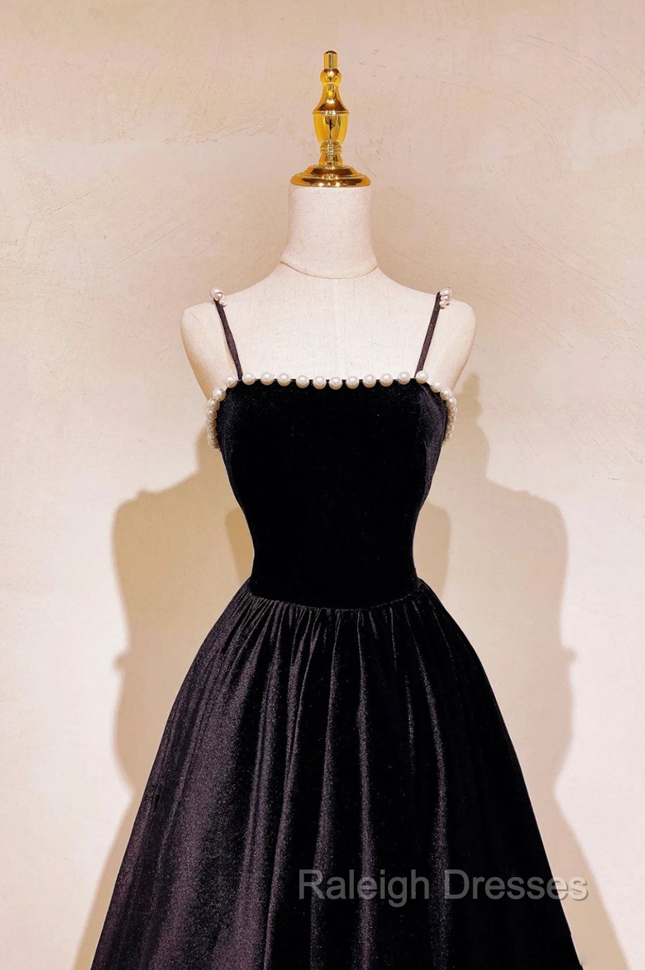 Black Velvet Long Prom Dress with Pearls, Black Spaghetti Straps Prom Prom Dress