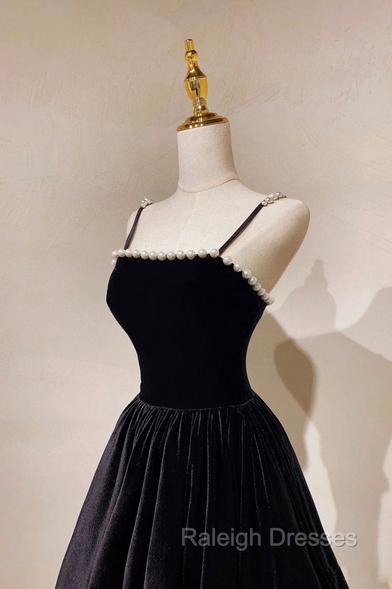 Black Velvet Long Prom Dress with Pearls, Black Spaghetti Straps Prom Prom Dress