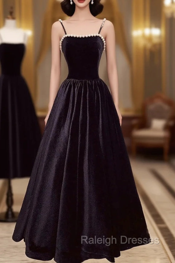 Black Velvet Long Prom Dress with Pearls, Black Spaghetti Straps Evening Party Dress Main image