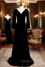 Black Velvet Long Sleeve Button Pleats Prom Dress