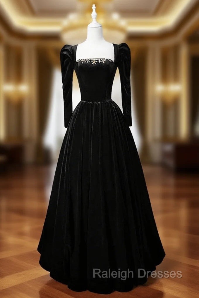 Black Velvet Long Sleeve Crystal Prom Dress