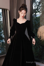 Black Velvet Long Sleeve Party Dress, A-Line Floor Length Formal Evening Dress