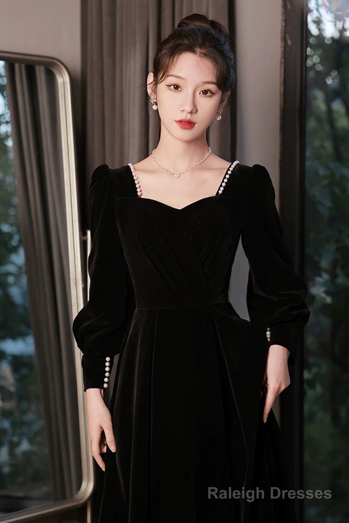Black Velvet Long Sleeve Party Dress, A-Line Floor Length Formal Evening Dress