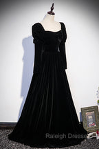 Black Velvet Long Sleeve Prom Dress, A Line Prom Prom Dress
