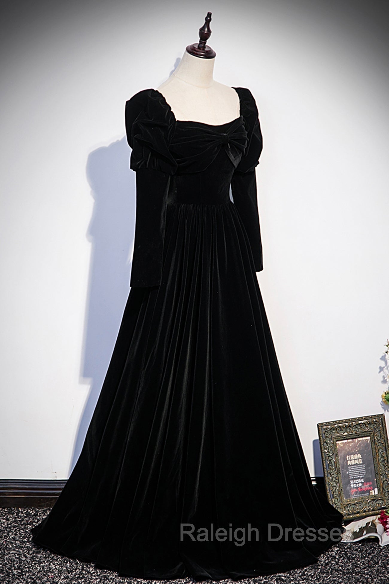 Black Velvet Long Sleeve Prom Dress, A Line Prom Prom Dress
