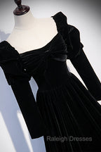Black Velvet Long Sleeve Prom Dress, A-Line Evening Party Dress