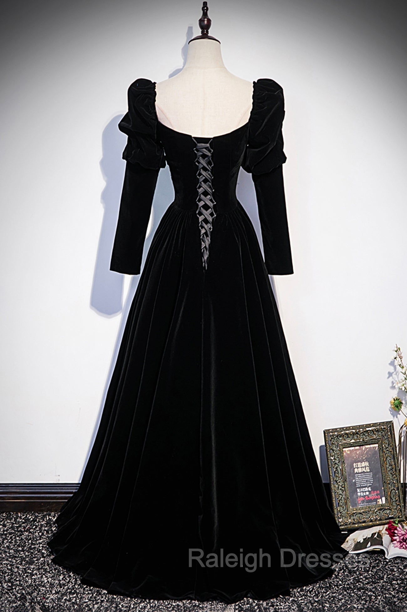Black Velvet Long Sleeve Prom Dress, A-Line Evening Party Dress