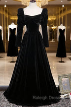 Black Velvet Long Sleeve Prom Dress, A-Line Evening Party Dress