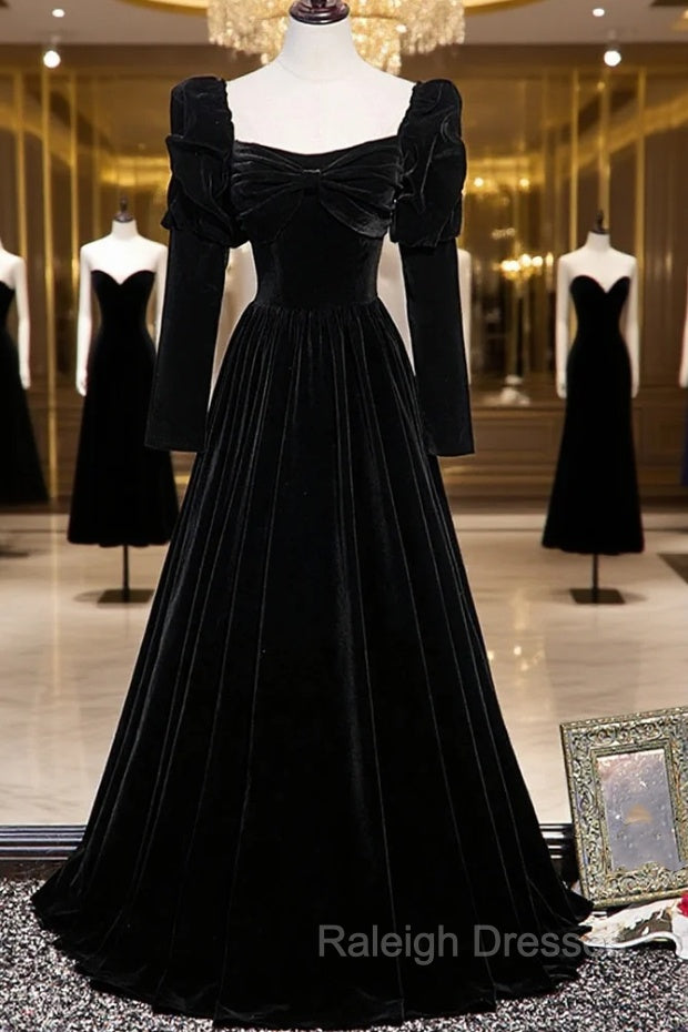 Black Velvet Long Sleeve Prom Dress, A-Line Evening Party Dress