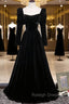 Black Velvet Long Sleeve Prom Dress, A-Line Evening Party Dress