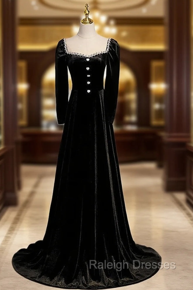 Black Velvet Long Sleeve Square Beading Prom Dress Main image