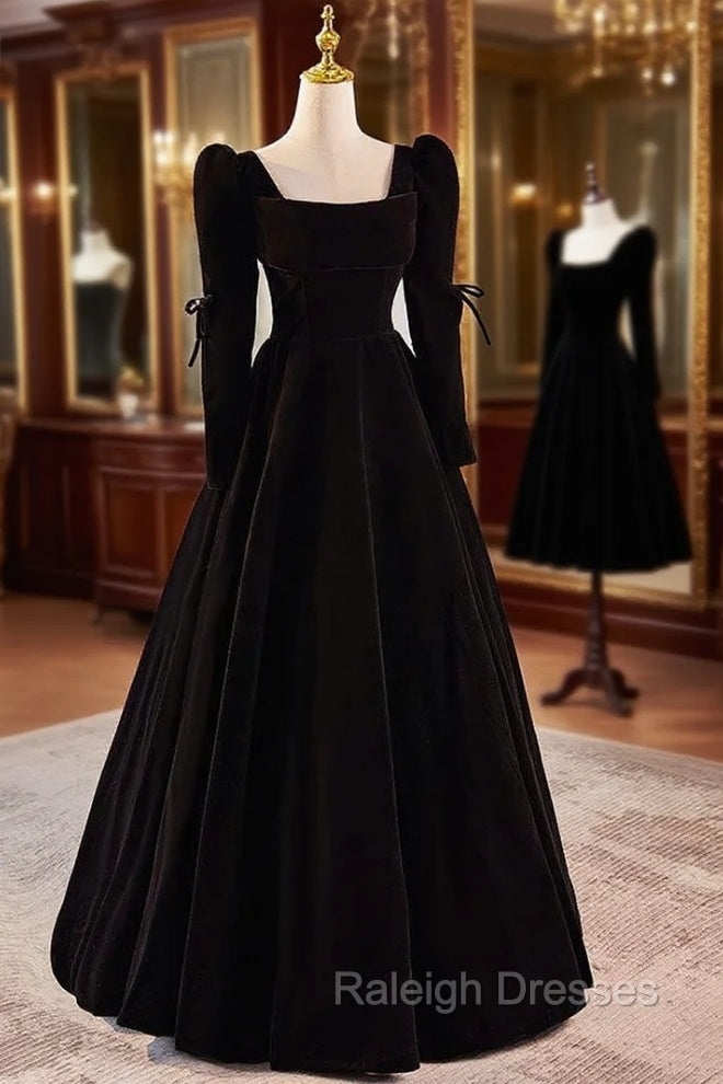 Black Velvet Long Sleeve Square Prom Dress