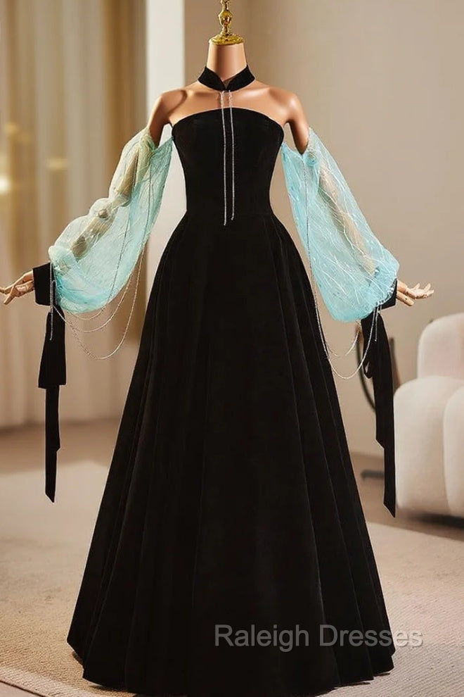 Black Velvet Long Sleeve Strapless Prom Dress Main image