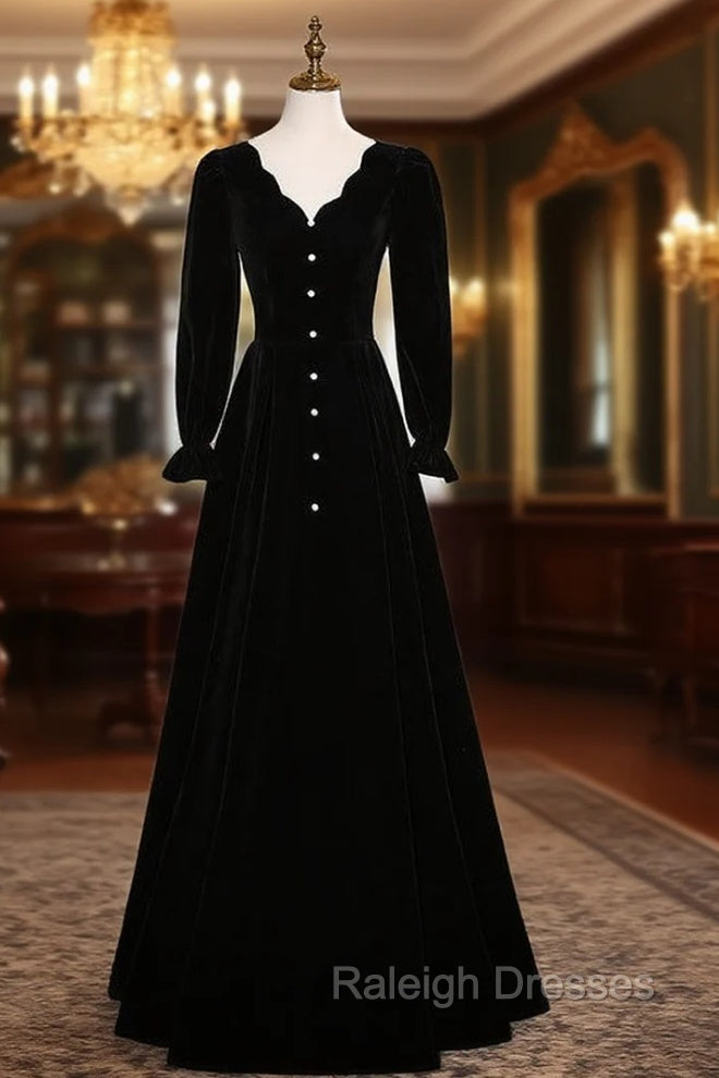 Black Velvet Long Sleeve V-neck Prom Dress
