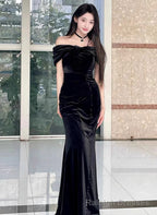 Black Velvet Mermaid Off Shoulder Long Prom Dress, Black Velvet Prom Dress