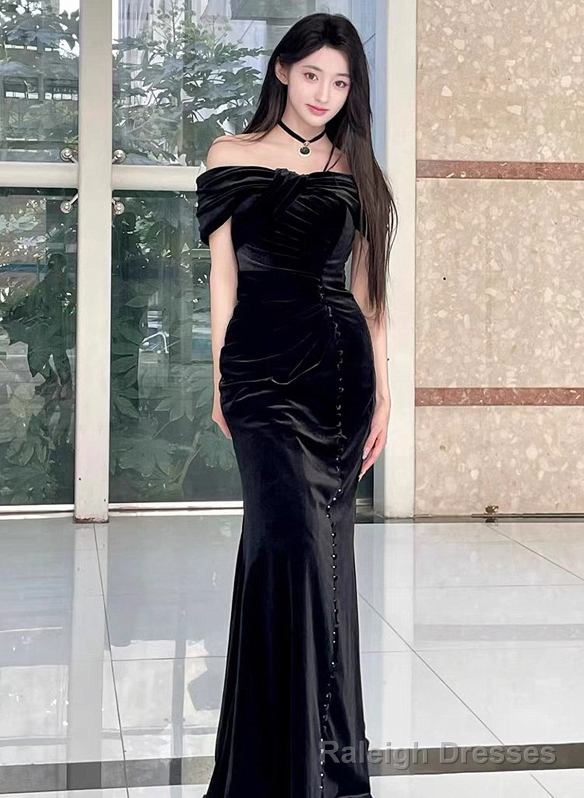 Black Velvet Mermaid Off Shoulder Long Prom Dress, Black Velvet Prom Dress