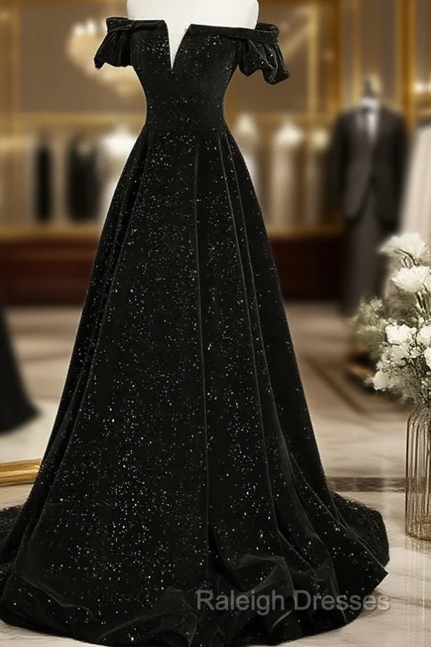 Black Velvet Off Shoulder A-Line Long Prom Dress, Black Simple Wedding Party Dress Main image