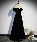 Black Velvet Off Shoulder Long Prom Dress, Black Simple Prom Dress