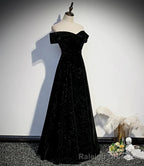 Black Velvet Off Shoulder Long Party Dress, Black Simple Prom Dress